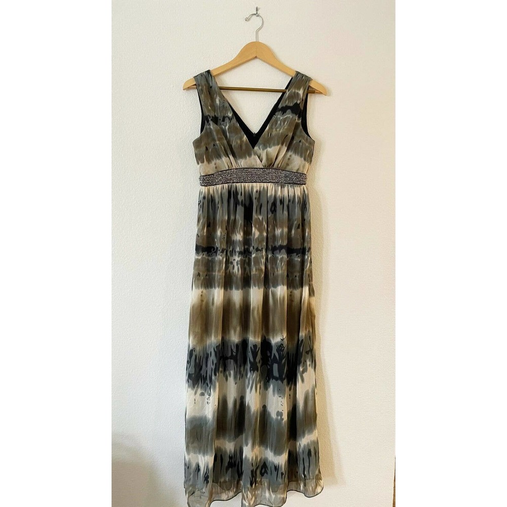 YASB Size S Tie Dye Beaded Empire Waist Maxi Dress Sleeveless Chiffon Gray Brown